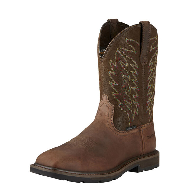 10021108 - Groundbreaker WSQ ST Boots front view, Brown leather foot with dark olive shaft and tan wing embroidery