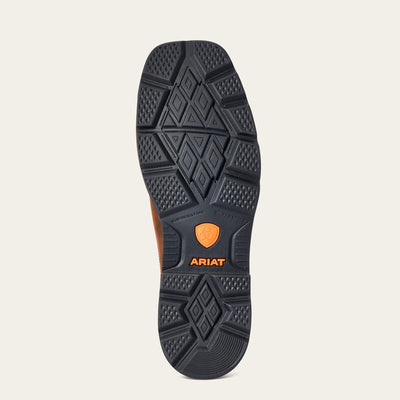 Close-up of 10021108 - Groundbreaker WSQ ST Boots Brown Boots showing Charcoal sole with orange shield logo and ARIAT text,