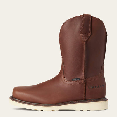 Back of 10035883 - Rambler Work Wedge ST Foothill Boots Brown Boots, Brown leather boot back with "ARIAT" logo and "STEEL