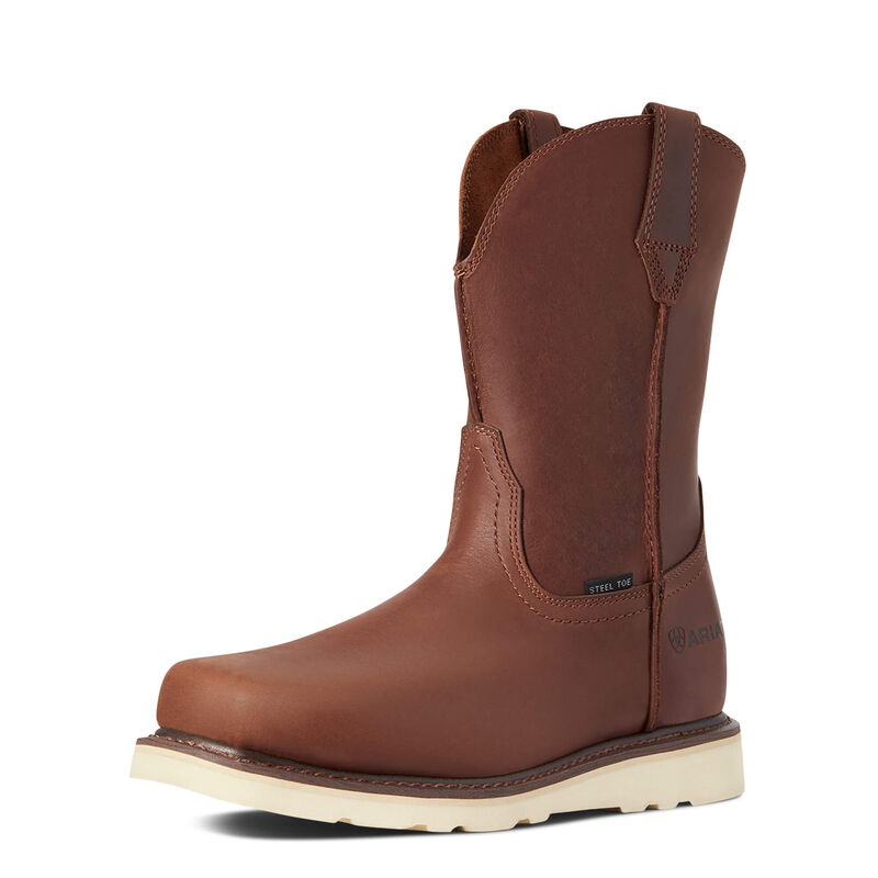 10035883 - Rambler Work Wedge ST Foothill Boots front view, Brown leather pull-on work boot with cream wedge sole and