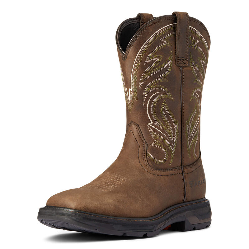 10038321 - Workhog XT Cottonwood Boots front view, Distressed brown leather with tan and gold embroidered western scrollwork