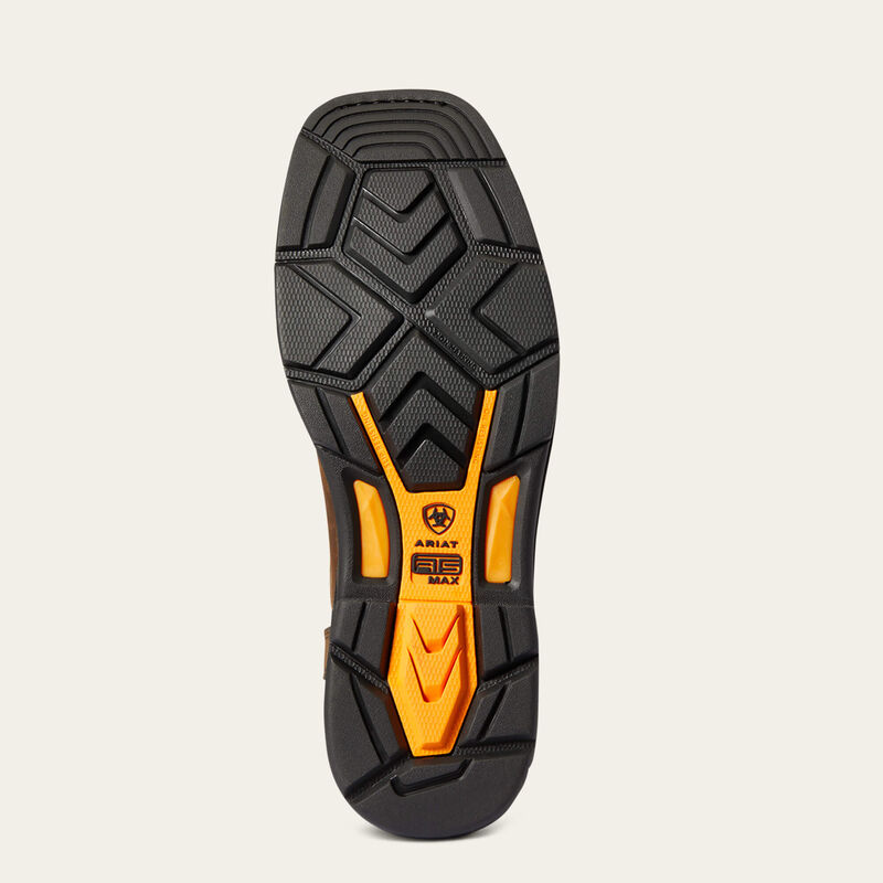 Close-up of 10038321 - Workhog XT Cottonwood Boots Distressed Brown Boots showing Black rubber sole with yellow and orange