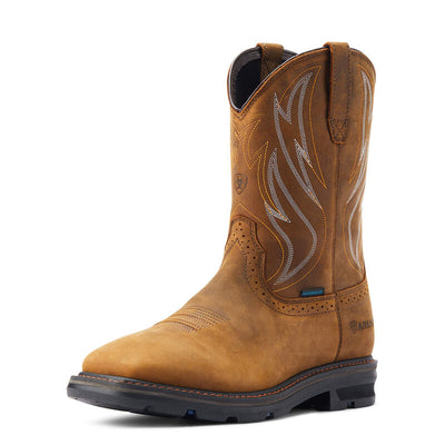 10044545 - Sierra Shock Shield H2o Boots front view, Distressed brown leather with cream and tan flame stitching on shaft,