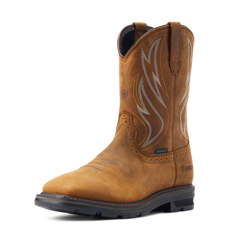 10044545 - Sierra Shock Shield H2o Boots front view, Distressed brown leather with cream and tan flame stitching on shaft,