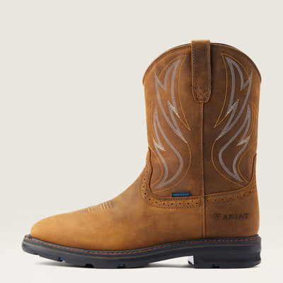 Close-up of 10044545 - Sierra Shock Shield H2o Boots Distressed Brown Boots showing Tan leather upper with white flame