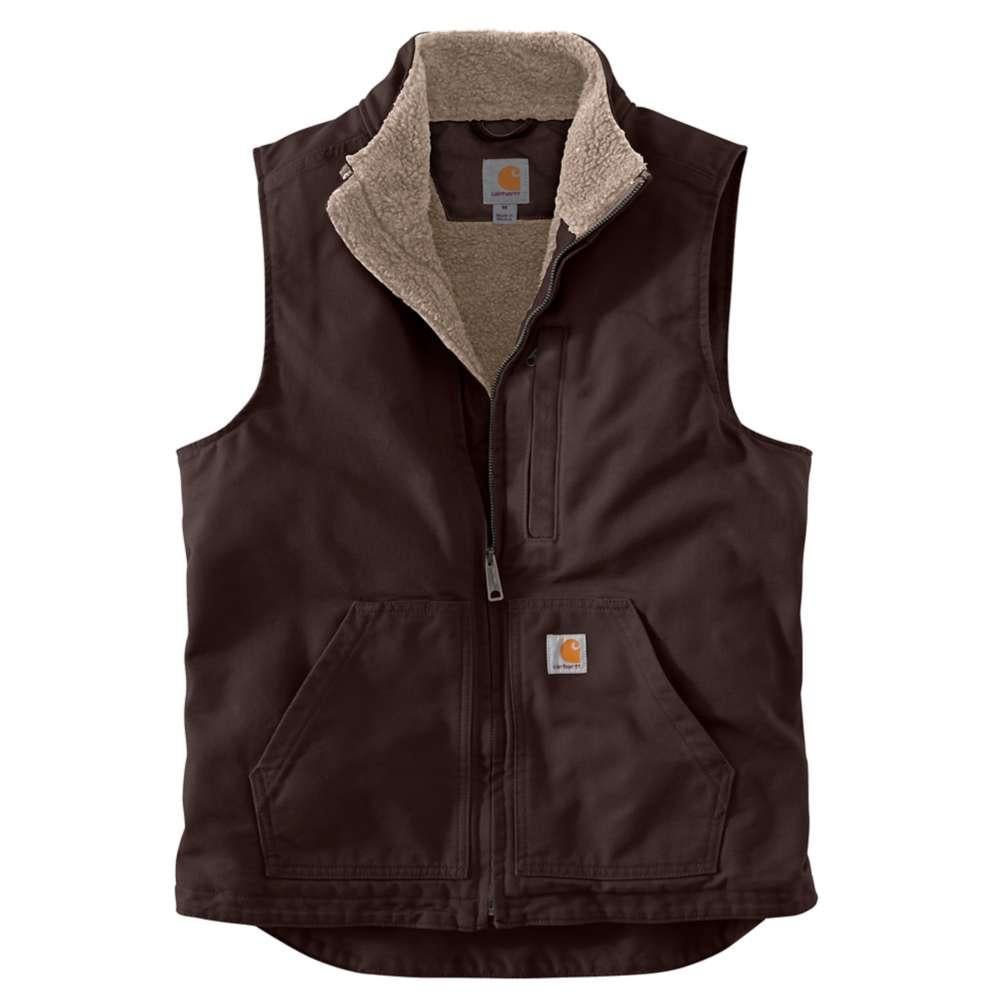 Back of 104277 Mock Neck Sherpa Lined Vest Dark Brown Vest, Dark brown canvas with sherpa lining, small logo patch on lower