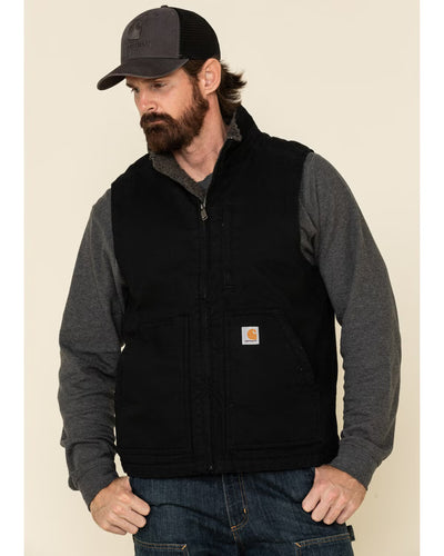 Person wearing 104277 Mock Neck Sherpa Lined Vest Dark Brown Vest, Man wearing black vest with charcoal long-sleeve shirt in