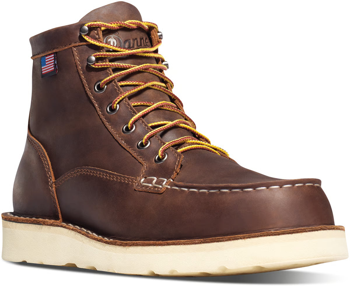 Back of 15564 - Bull Run Moc Toe 6" Boots Dark Brown Boots, Dark brown leather boot with cream wedge sole, small American