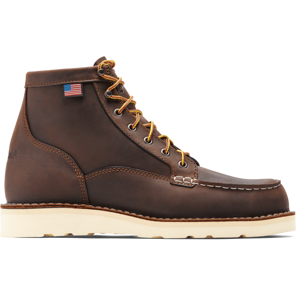 15564 - Bull Run Moc Toe 6" Boots front view, Dark brown leather with gold lace-up closure, cream sole, and small American