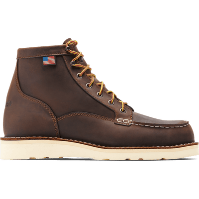 15564 - Bull Run Moc Toe 6" Boots front view, Dark brown leather with gold lace-up closure, cream sole, and small American