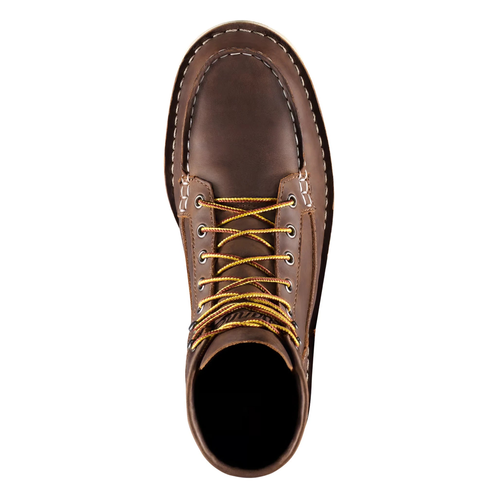Close-up of 15564 - Bull Run Moc Toe 6" Boots Dark Brown Boots showing Dark brown leather with cream whipstitching, yellow