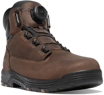 Back of 19420 - Caliber Boa Alloy 6" Boots Brown Boots, Black rubber sole with textured tread pattern and tan accent strip