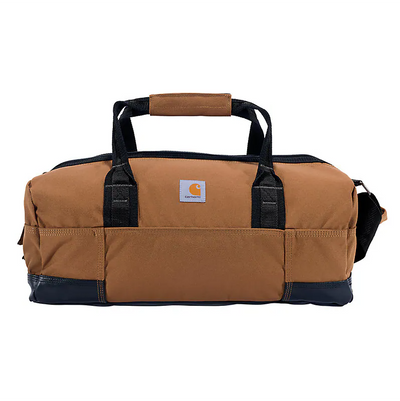Back of 35l Classic Duffel Bag Accessory Black Accessory, Tan canvas with navy base, black webbing handles and side straps,