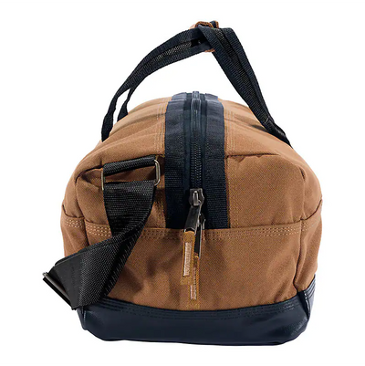 Close-up of 35l Classic Duffel Bag Accessory Black Accessory showing Tan canvas body with black leather base and black