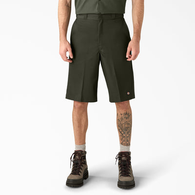 Back of 42283 13" Loose Fit Work Short Shorts Silver Shorts, Olive green shorts with small embroidered logo on right thigh -