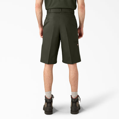 Person wearing 42283 13" Loose Fit Work Short Shorts Silver Shorts, Man wearing olive work shorts styled with white crew