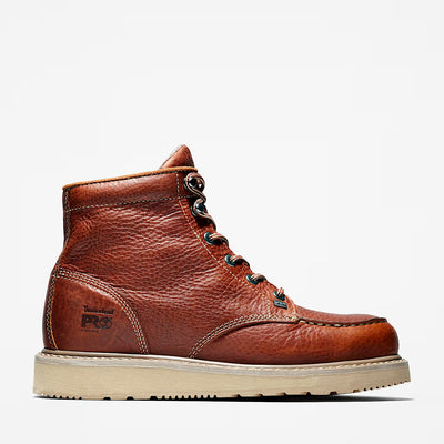 6 in Barstow Wedge/brown Tb089647214 Boots front view, Brown pebbled leather work boot with cream wedge sole and contrast