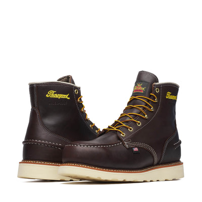 Close-up of 804-3600 6" Briar Pitstop Boot Boots Boots showing Cream and tan contrast stitching on dark brown leather,