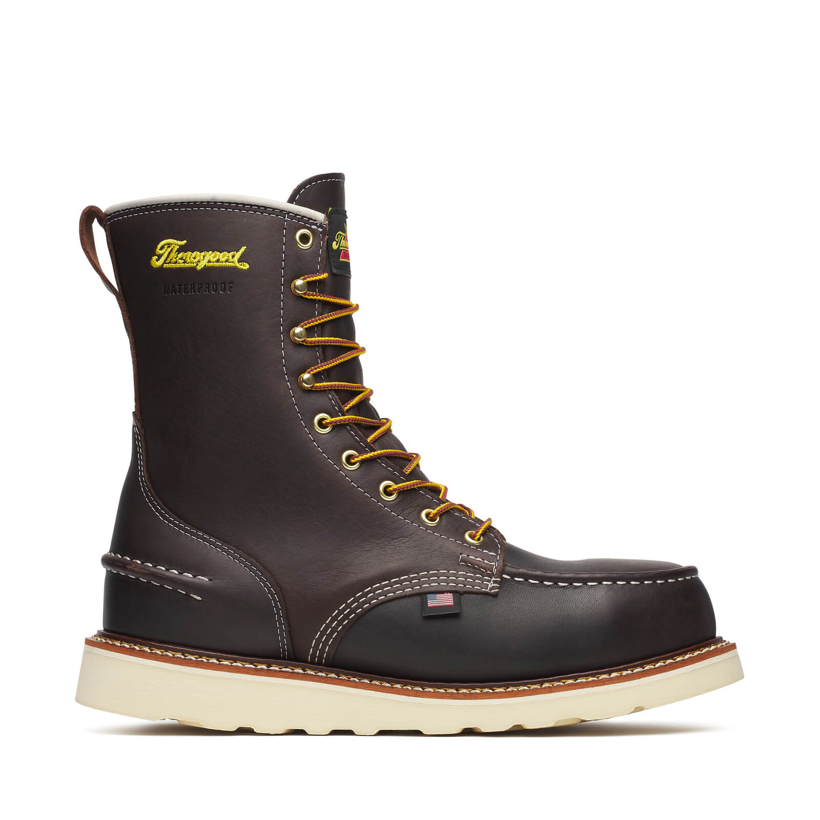 Back of 804-3800 8" Briar Pitstop Boots Boots, Blank back with yellow script logo and "Waterproof" text on heel collar -
