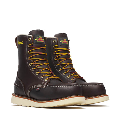804-3800 8" Briar Pitstop Boots front view, Dark brown leather with contrast cream stitching, gold laces, and embroidered
