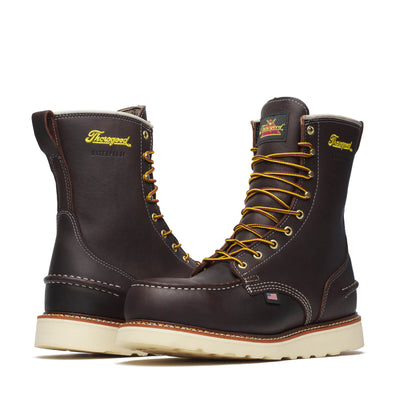 Close-up of 804-3800 8" Briar Pitstop Boots Boots showing Dark brown leather with contrasting white stitching, yellow laces