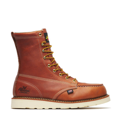 Back of 804-4208 8" Boots Tobacco Boots, Red-brown leather with cream contrast stitching and small brand emblem on heel -