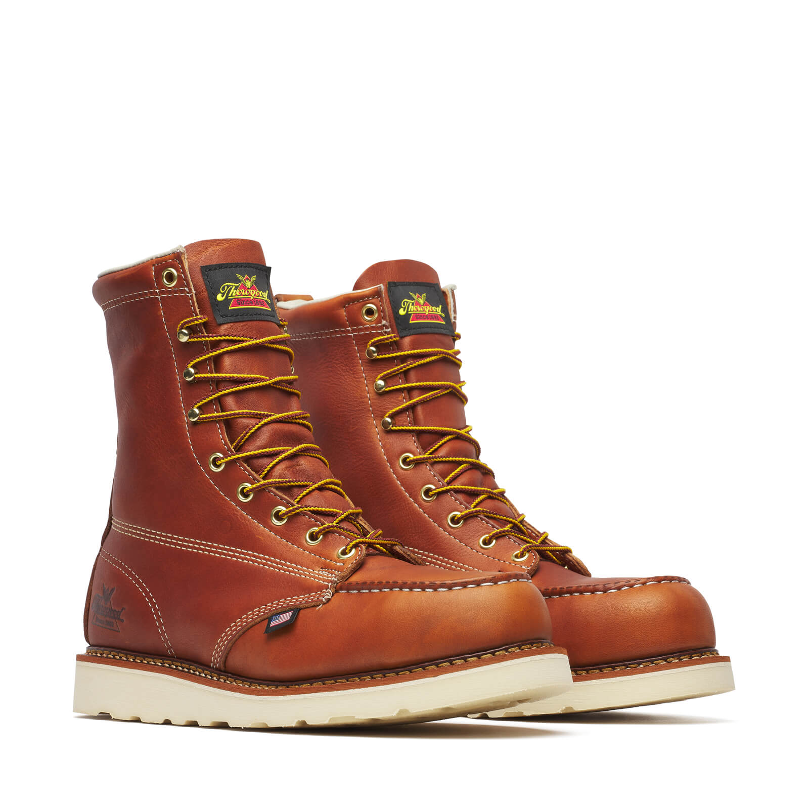 804-4208 8" Boots front view, Tobacco leather with cream contrasting stitching and yellow-gold laces, black tongue label