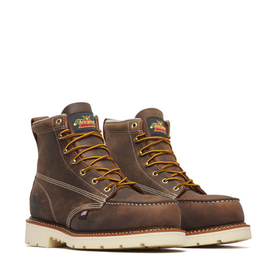 804-4375 6" Trail Crazyhorse Boots front view, Dark brown leather with golden lace and cream sole, navy tongue patch with