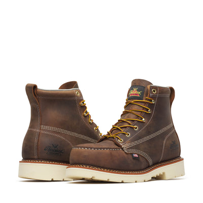Close-up of 804-4375 6" Trail Crazyhorse Boots Boots showing Cream and tan stitching on dark brown leather upper, golden