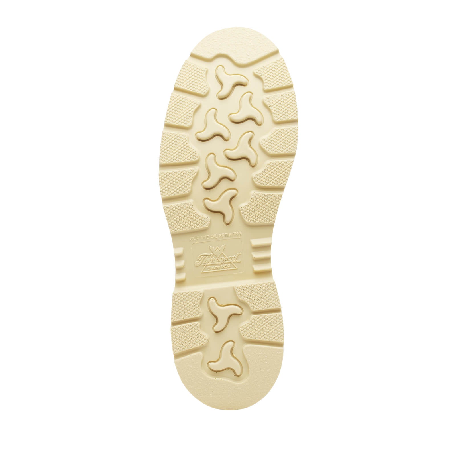 Close-up of 804-4375 6" Trail Crazyhorse Boots Boots showing Cream rubber sole with wavy tread pattern and textured grip
