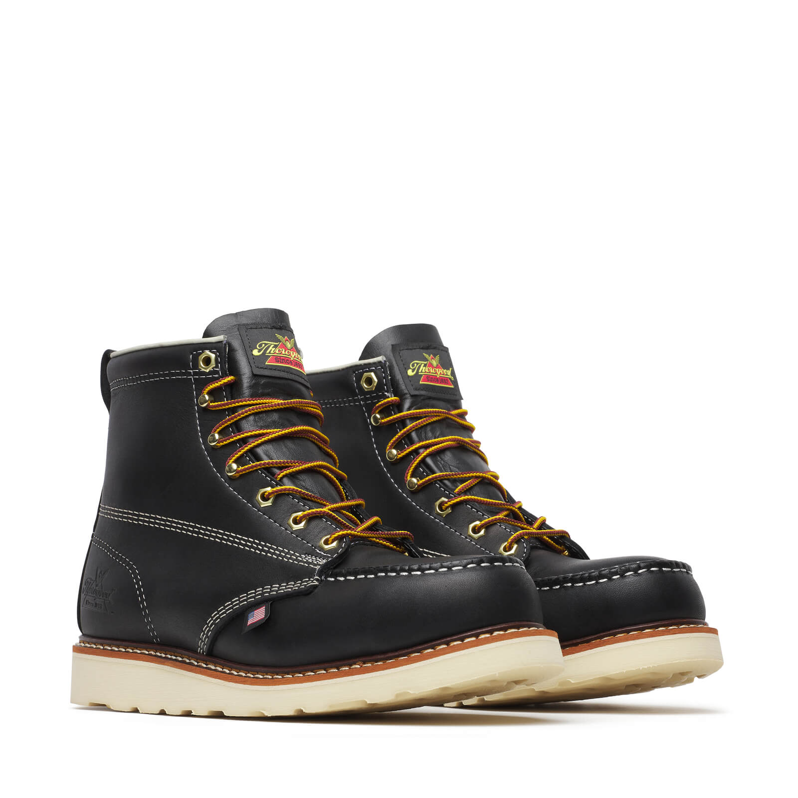 804-6201 6" Boots front view, Black leather work boots with gold and black laces, cream-colored sole, and contrasting white