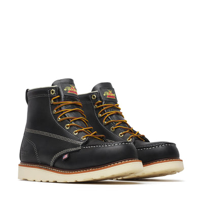 804-6201 6" Boots front view, Black leather work boots with gold and black laces, cream-colored sole, and contrasting white