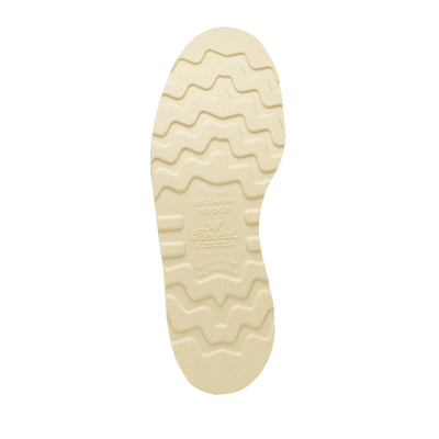 Close-up of 804-6201 6" Boots Black Boots showing Cream rubber sole with wavy tread pattern and embossed branding details -