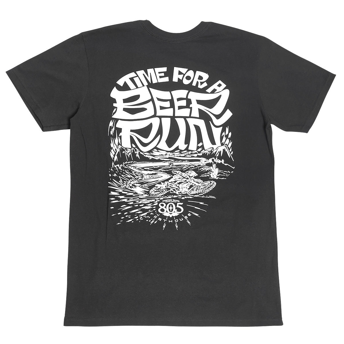 Close-up of 805 Desert Run Black Tee showing White ink print with "Time for Speed" and "805" text, desert landscape and
