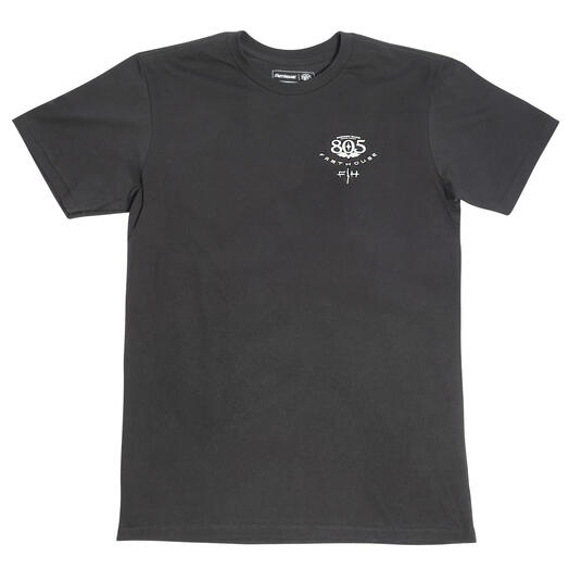 Close-up of 805 Desert Run Black Tee showing Black tee with small white chest graphic featuring 805 numeral and decorative
