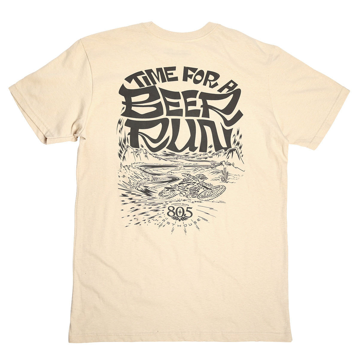 Close-up of 805 Desert Run Black Tee showing Cream tee with black back-print graphic featuring bold distressed lettering