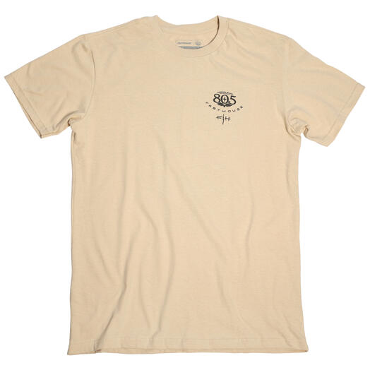 Close-up of 805 Desert Run Black Tee showing Cream tee with small black graphic on left chest featuring shield emblem and