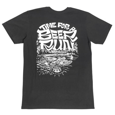 Close-up of 805 Desert Run Black Tee showing White line-art graphic centered on chest showing desert landscape with