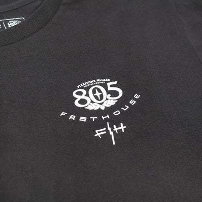 Close-up of 805 Desert Run Black Tee showing White embroidered graphic with "805" numeral and "Fast & Loose" text on chest -