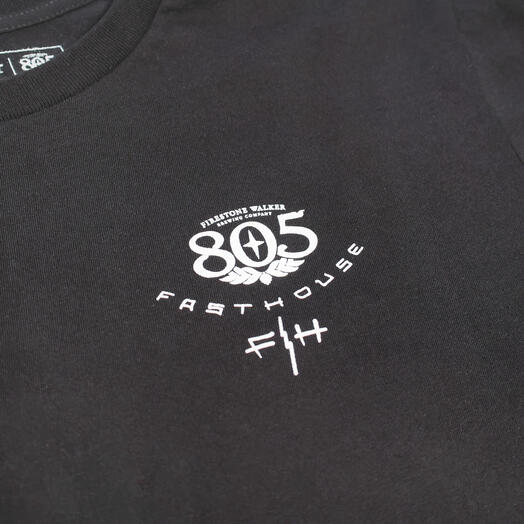 Close-up of 805 Desert Run Black Tee showing White embroidered graphic with "805" numeral and "Fast & Loose" text on chest -