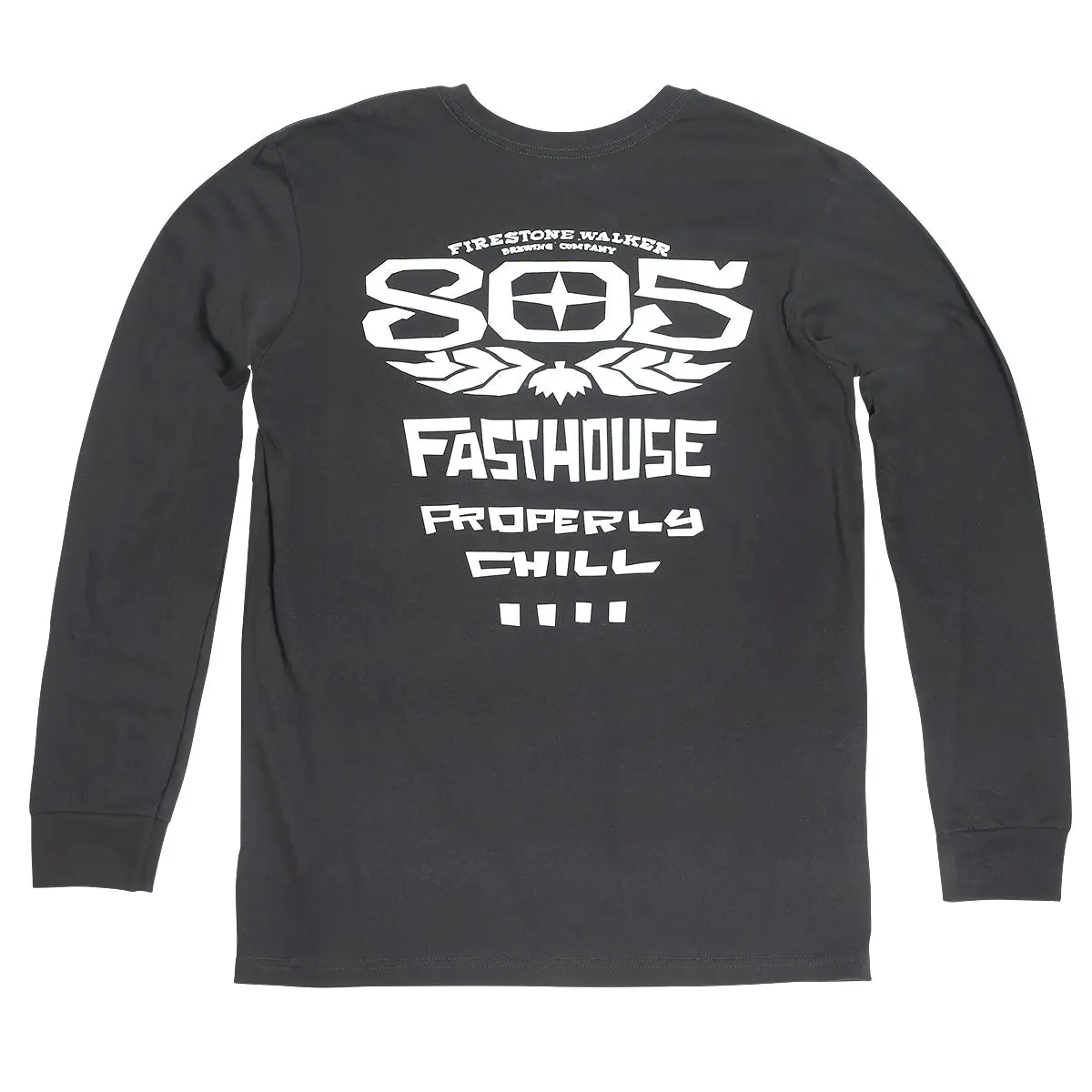 805 Gravel front view, Black with white winged 805 graphic, Firestone Walker text and Fasthouse Properly Chill lettering,