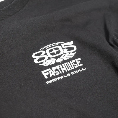 Close-up of 805 Gravel Black L/S Tee showing White printed graphic with hop cone and text reading "805 Fasthouse Roadrills