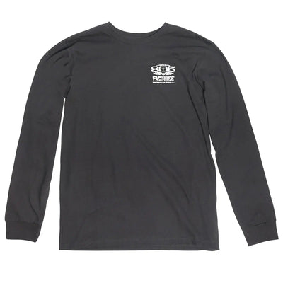 Close-up of 805 Gravel Black L/S Tee showing Long-sleeve black tee with small white logo print on upper chest area -