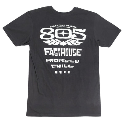 805; Gravel Tee Black front view, Charcoal black with white block lettering reading "805" with winged emblem, "Fasthouse