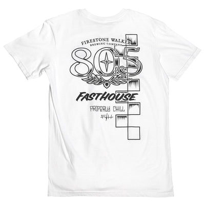 805 Luster front view, White with black line-art brewery graphic, star emblem, hop wreath and geometric blocks, White Tee -