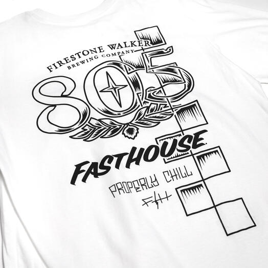 Close-up of 805 Luster White Tee showing Black line art graphic with brewery name, vintage hop leaf motif, numbered design,
