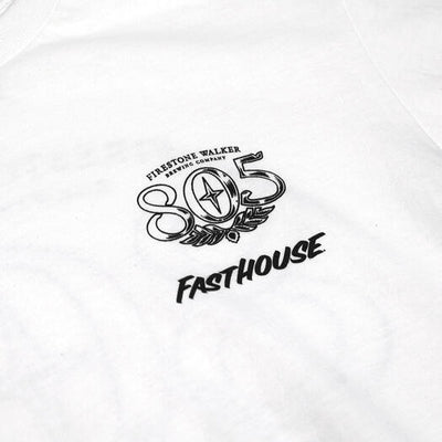 Close-up of 805 Luster White Tee showing White tee with black speedometer graphic and "805 Fasthouse" text, front print