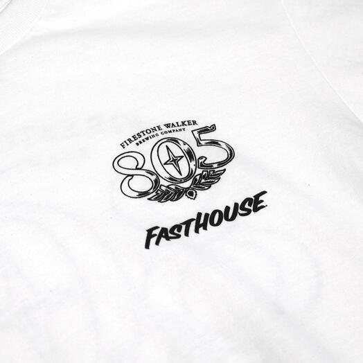 Close-up of 805 Luster White Tee showing White tee with black speedometer graphic and "805 Fasthouse" text, front print