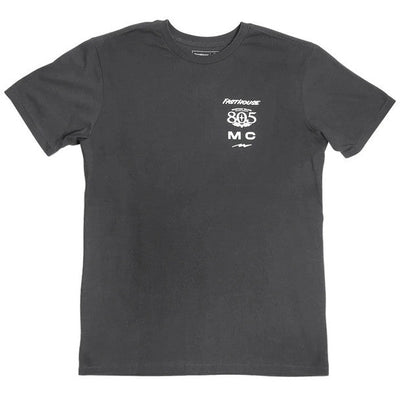 Close-up of 805; Parallel Black Tee showing Charcoal tee with white text and numeric graphic on chest, including "805" and