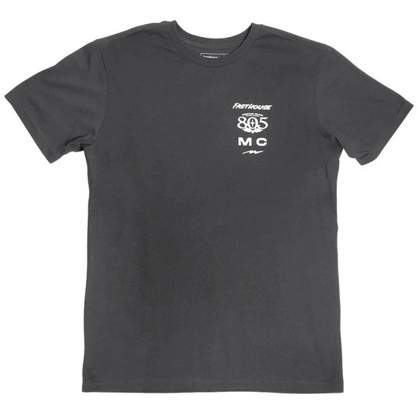 Close-up of 805; Parallel Black Tee showing Charcoal tee with white text and numeric graphic on chest, including "805" and